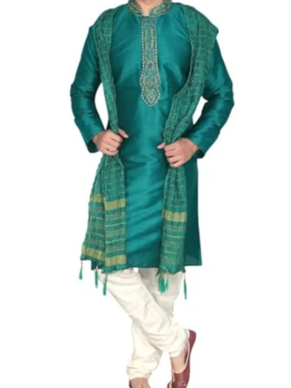 3-Piece Kurta Pyjama Set with Gold Embroidery - Men's Sleep Sets